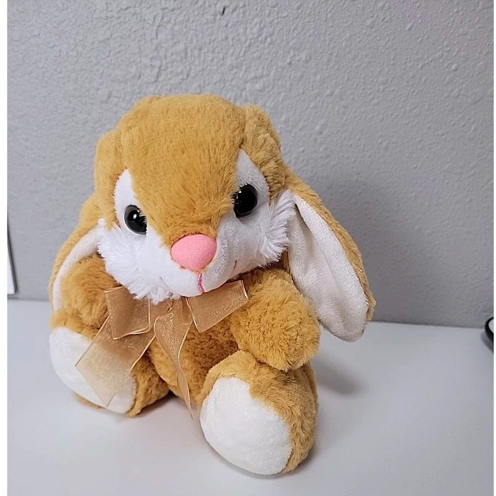 Tom's Toy International Tan White Plush Bunny Rabbit Gold Bow 8 Inch Stuffed Toy